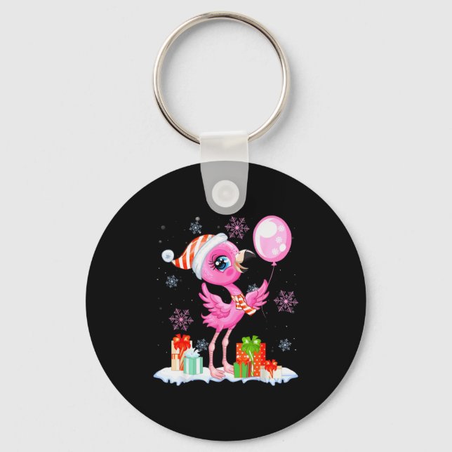 Christmas Flamingo Pajama Matching Santa Hat Xmas  Key Ring (Front)
