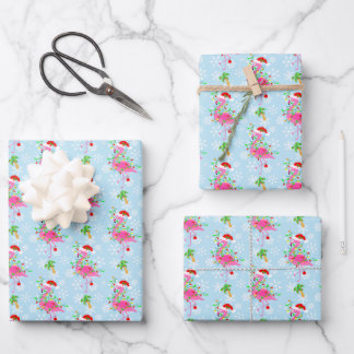 Christmas Flamingo Pattern Blue Wrapping Paper Sheet