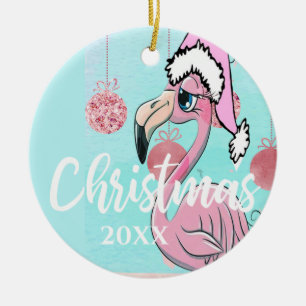 Christmas Flamingo Photo Blue Pink Girly Cute Ceramic Tree Decoration