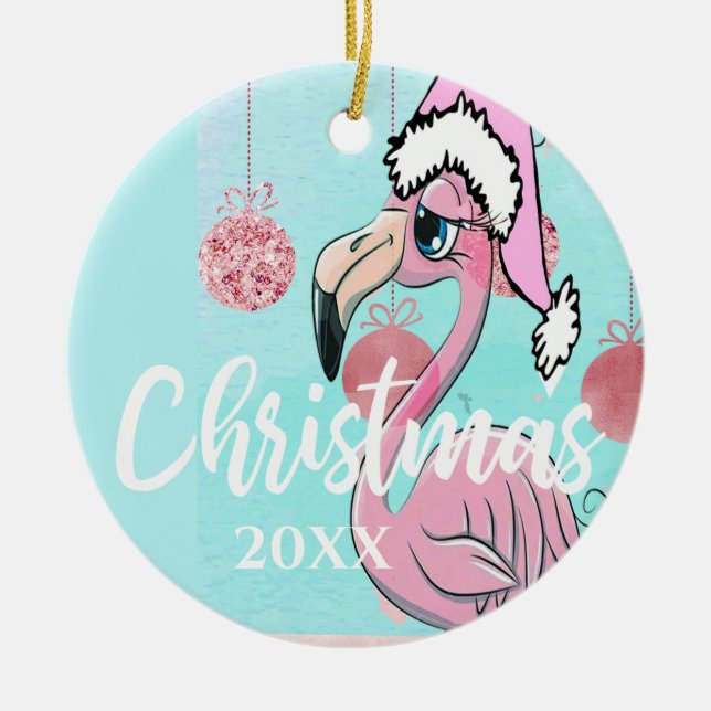 Christmas Flamingo Photo Blue Pink Girly Cute Ceramic Tree Decoration (Front)