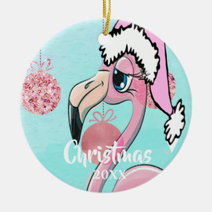 Christmas Flamingo Santa Hat Blue Pink Girly Cute Ceramic Tree Decoration