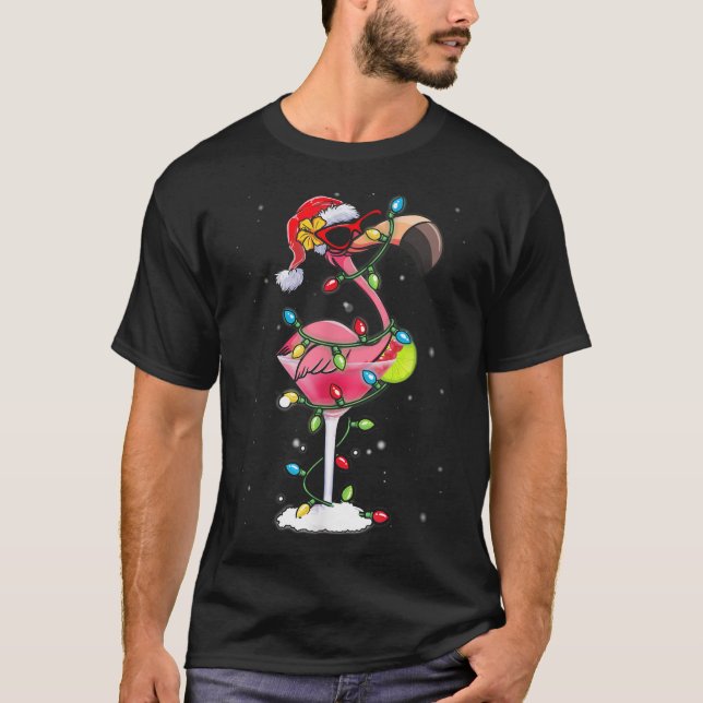 Christmas Flamingo Santa Hat Martini Xmas Cocktail T-Shirt (Front)