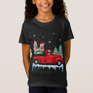 Christmas Flamingo Santa Hat Riding Red Truck Xmas T-Shirt