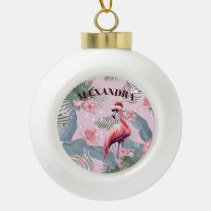 Christmas Flamingo Santa Hat Tropical Ceramic Ball Christmas Ornament