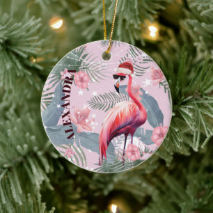Christmas Flamingo Santa Hat Tropical Ceramic Tree Decoration