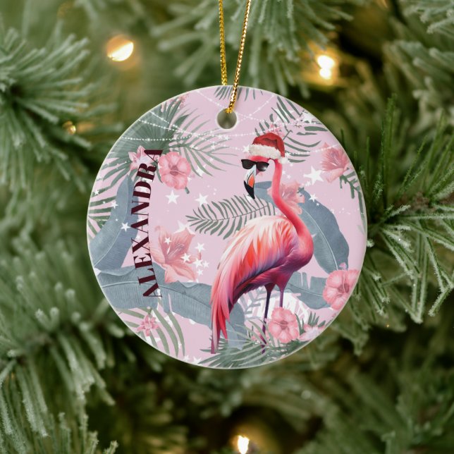 Christmas Flamingo Santa Hat Tropical  Ceramic Tree Decoration (Tree)
