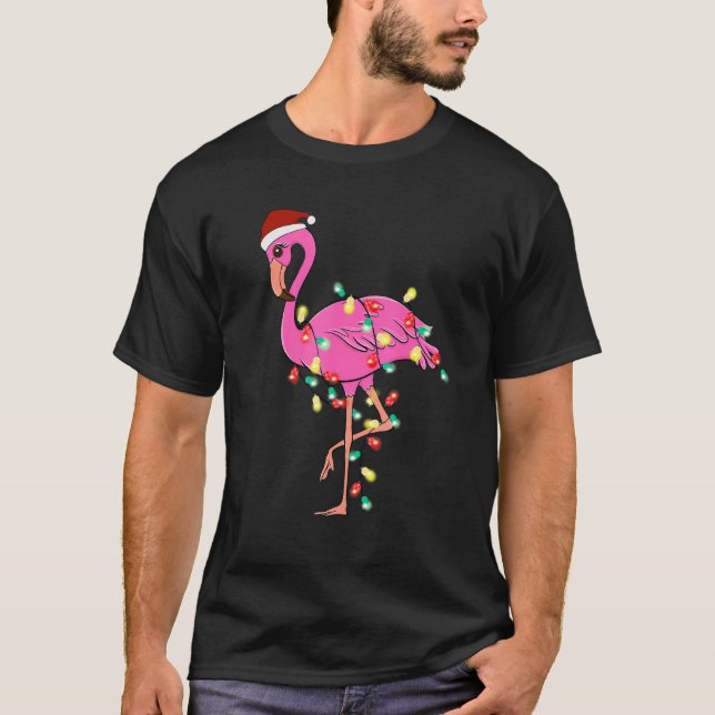 Christmas Flamingo Santa Hat Xmas Lights Flamingo  T-Shirt (Front)