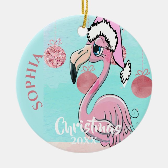 Christmas Flamingo Santa Photo Blue Pink  Cute Ceramic Tree Decoration (Front)