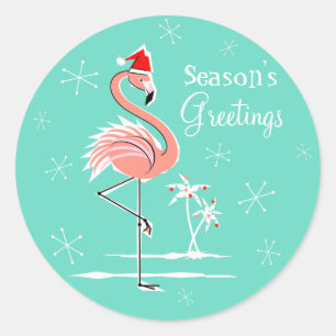 Christmas Flamingo Season's Greetings round Classic Round Sticker