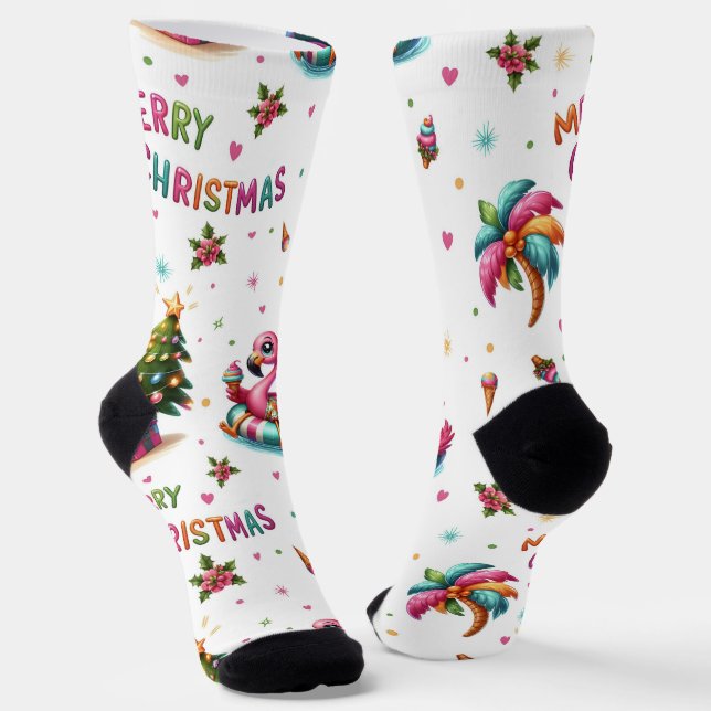 Christmas Flamingo Socks, Tropical Chrismas Socks (Angled)