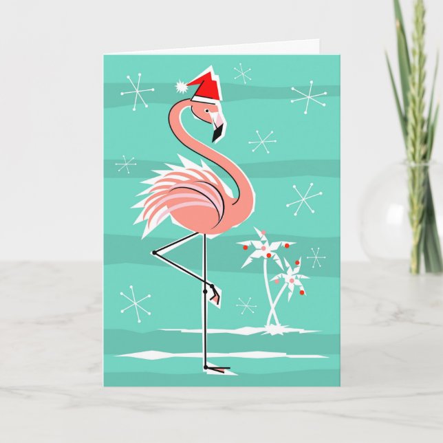 Christmas Flamingo Stripe Merry Christmas Holiday Card (Front)
