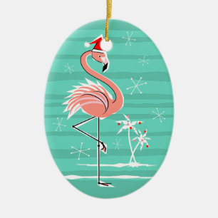 Christmas Flamingo Stripe Text ornament oval