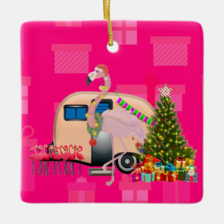christmas flamingo trailer ceramic ornament