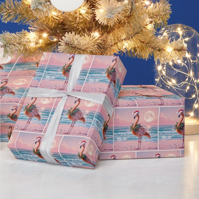 Christmas Flamingo Wearing Holiday Wreath Wrapping Paper (Holidays)