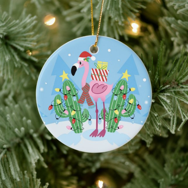 Christmas Flamingo with Cactus Ceramic Tree Decoration (Tree)