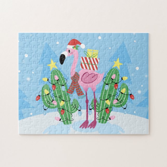 Christmas Flamingo with Cactus Jigsaw Puzzle (Horizontal)