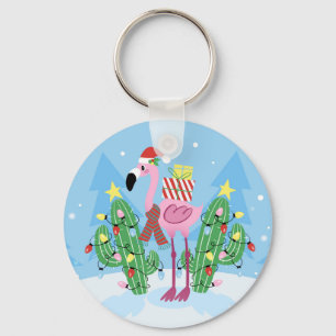 Christmas Flamingo with Cactus Key Ring