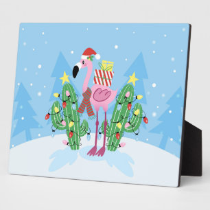 Christmas Flamingo with Cactus Plaque