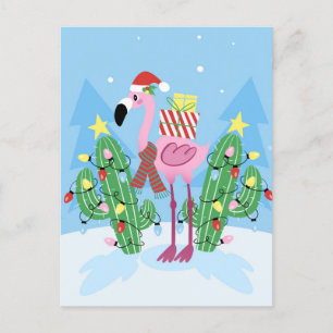 Christmas Flamingo with Cactus Postcard