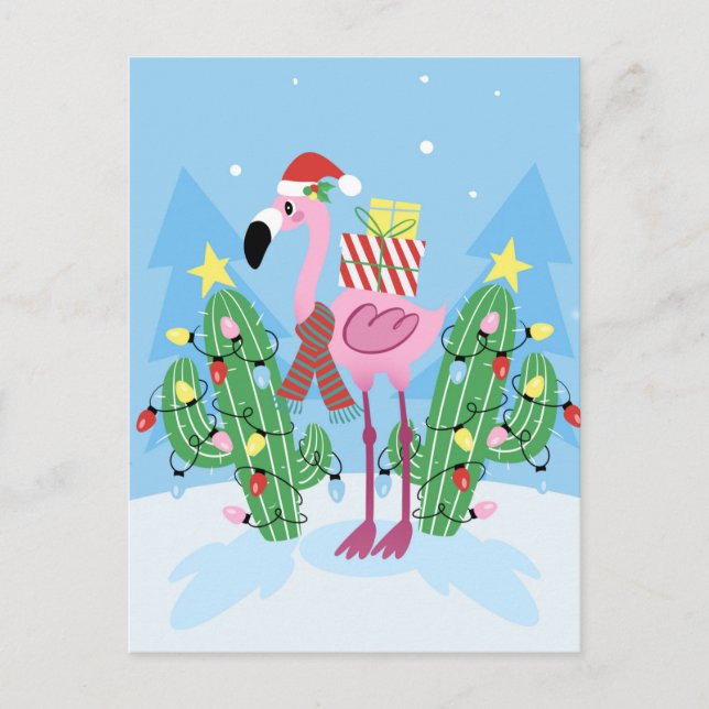 Christmas Flamingo with Cactus Postcard (Front)