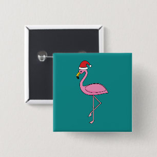 Christmas Flamingo with Santa Hat 15 Cm Square Badge