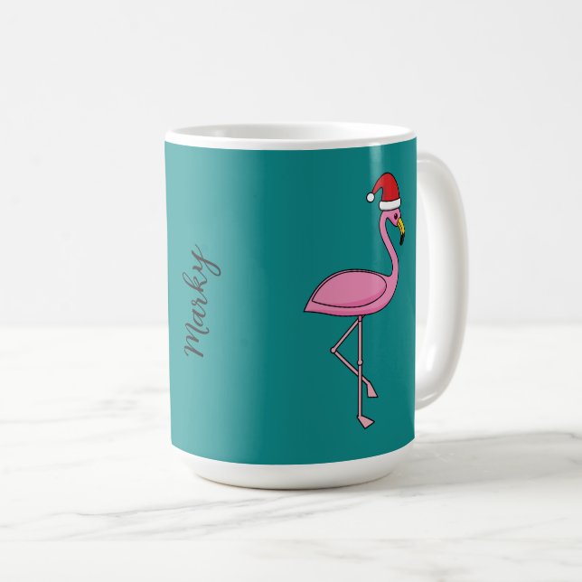 Christmas Flamingo with Santa Hat | Add Name Coffee Mug (Front Right)