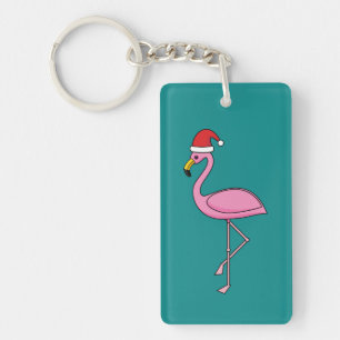 Christmas Flamingo with Santa Hat Key Ring