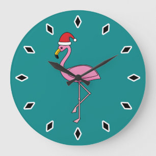 Christmas Flamingo with Santa Hat Large Clock