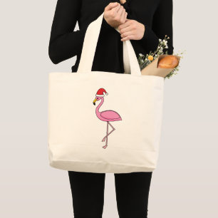 Christmas Flamingo with Santa Hat Large Tote Bag