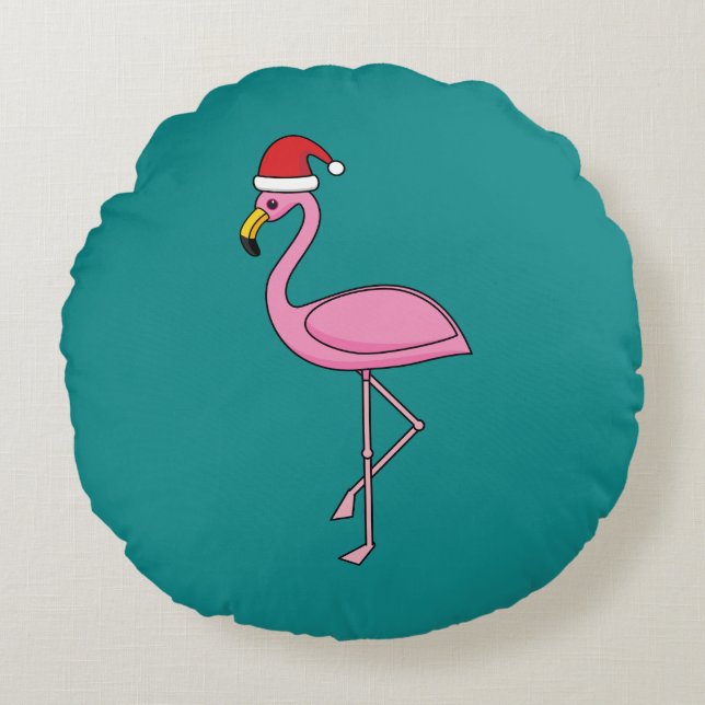 Christmas Flamingo with Santa Hat Round Cushion (Front)