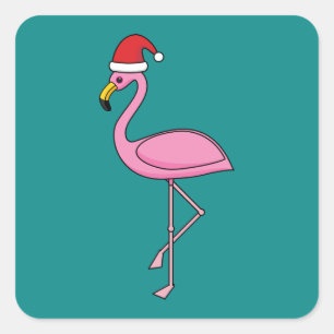 Christmas Flamingo with Santa Hat Square Sticker