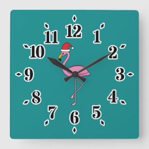 Christmas Flamingo with Santa Hat Square Wall Clock