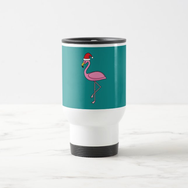 Christmas Flamingo with Santa Hat Travel Mug (Center)