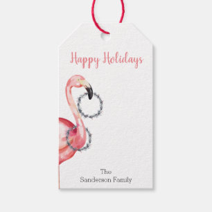 Christmas Flamingo with Wreath Happy Holidays Gift Tags