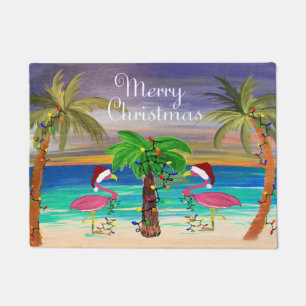 Christmas flamingos and palm trees coastal doormat