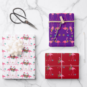 Christmas Flamingos Pattern Wrapping Paper Sheet