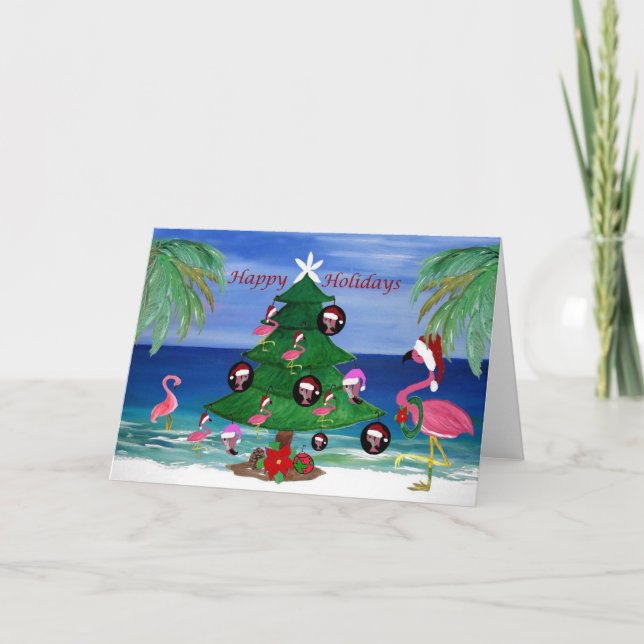 Christmas flamingos trim a tree Holiday greeting. Thank You Card (Front)