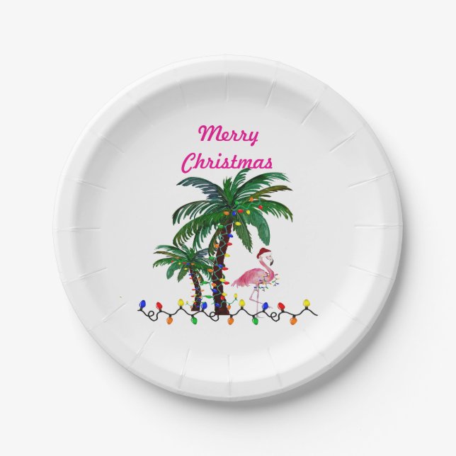 Christmas flamingos tropical party plates (Front)