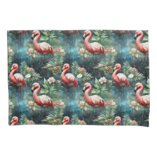 Christmas Flamingos with mistletoe Pillowcase