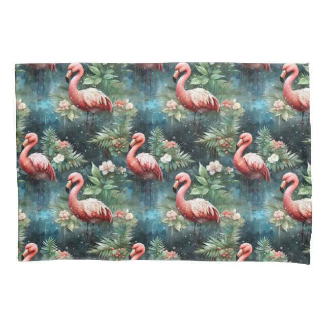 Christmas Flamingos with mistletoe Pillowcase (Front-Left)