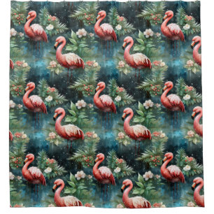 Christmas Flamingos with mistletoe Shower Curtain