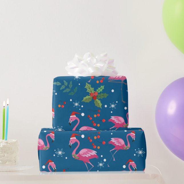 Christmas Flamongos and holly pattern Wrapping Paper (Party Gifts)