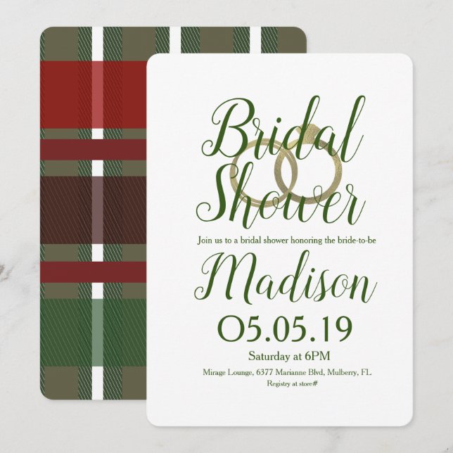 Christmas Flannel Plaid Foil Rings Bridal Shower Invitation (Front/Back)