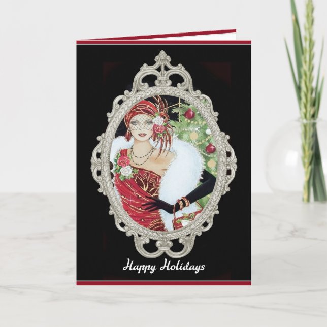Christmas Flapper Girl Dazzling Red and Gold Dress Holiday Card (Front)
