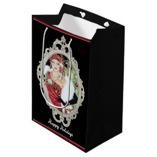 Christmas Flapper Girl Dazzling Red and Gold Dress Medium Gift Bag