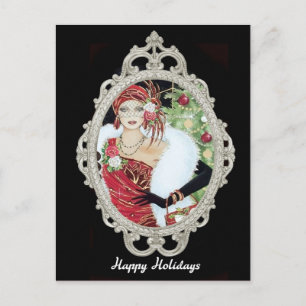 Christmas Flapper Girl Dazzling Red & Gold Dress Postcard