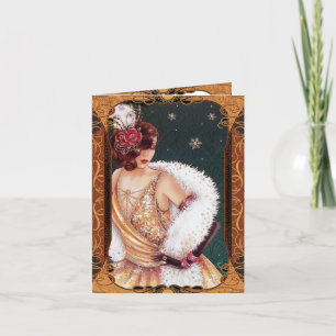 Christmas Flapper Girl in a Gold Glittery Dress  Holiday Card