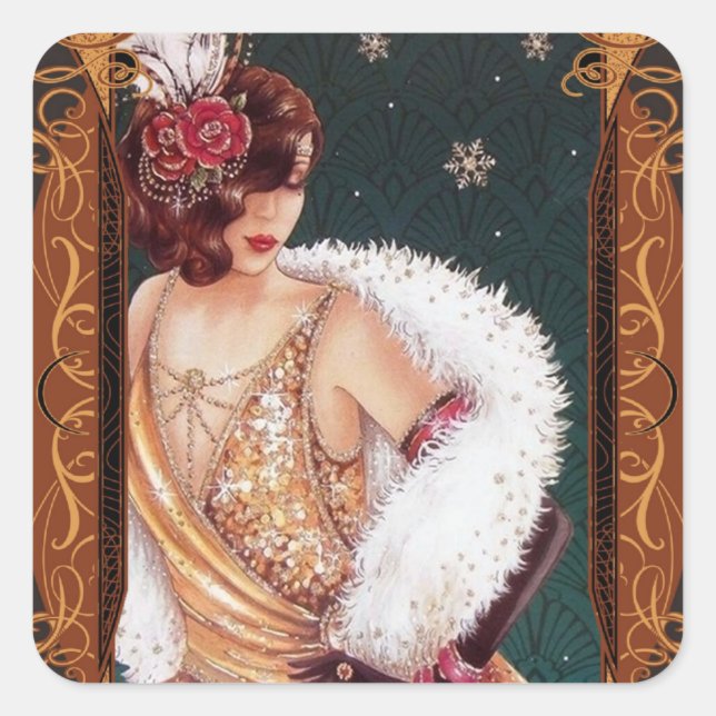 Christmas Flapper Girl in a Gold Glittery Dress  Square Sticker (Front)