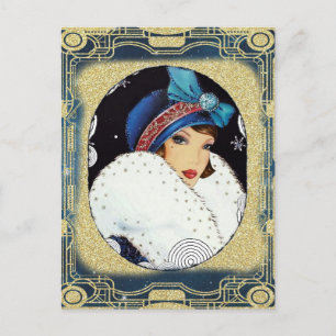 Christmas Flapper Girl Large White Fur Coat Postcard