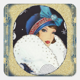 Christmas Flapper Girl Large White Fur Coat Square Sticker